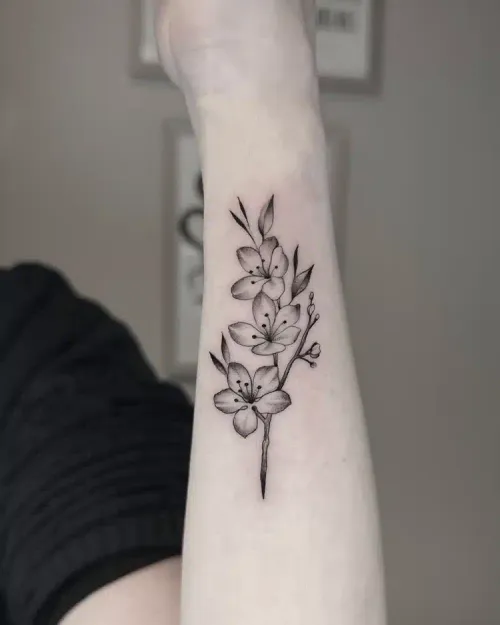 Fine line blossom branch tattoo on a forearm