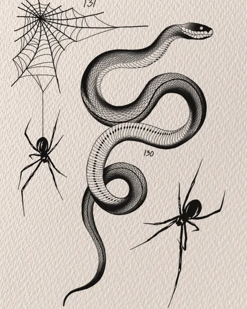 Flash sheet from Tattoo Studio 75 Stockholm: a snake, a web, and two spiders