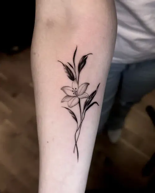 Fine line lily tattoo on a forearm