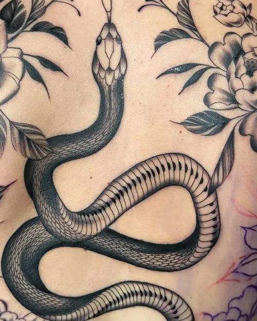 Blackwork snake and flowers across a person's back